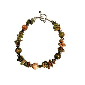 Unakite Gemstone Bracelet Chip & Round Beads w/ Copper Accents 8" Toggle